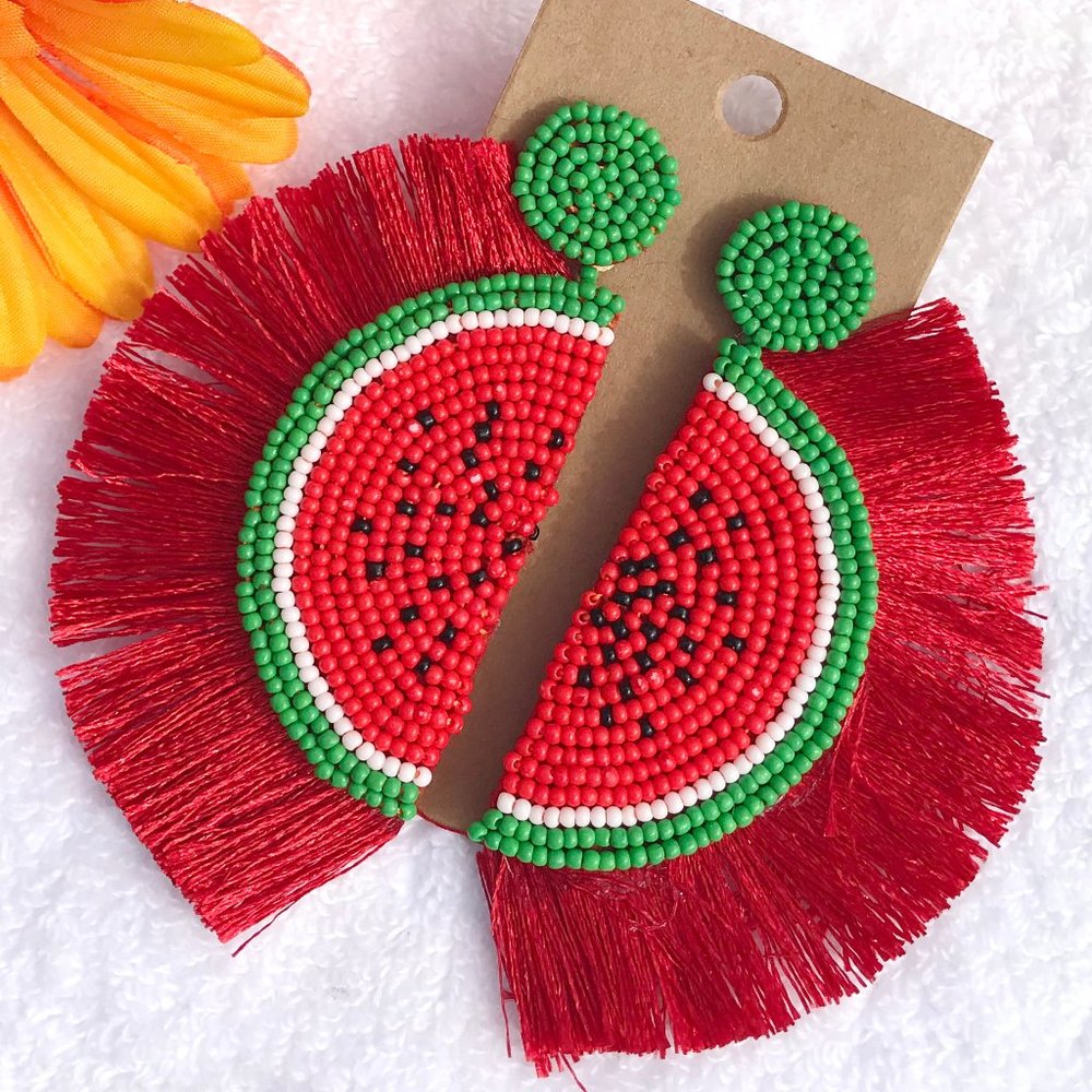 Large Seed Bead Fringe Watermelon Post Earrings